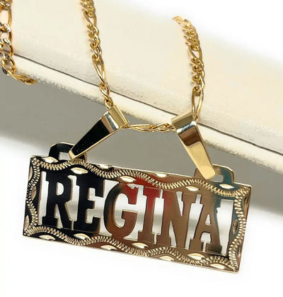 18K gold-plated custom name necklace for women with Figaro chain.