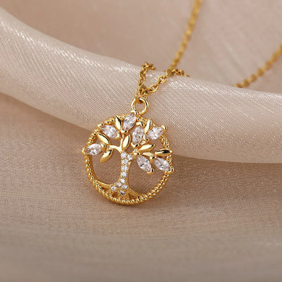Collar de acero inoxidable para mujer, colgante redondo de árbol de la vida, collar con cristales y diamantes de imitación, joyería, regalo, bisutería femenina