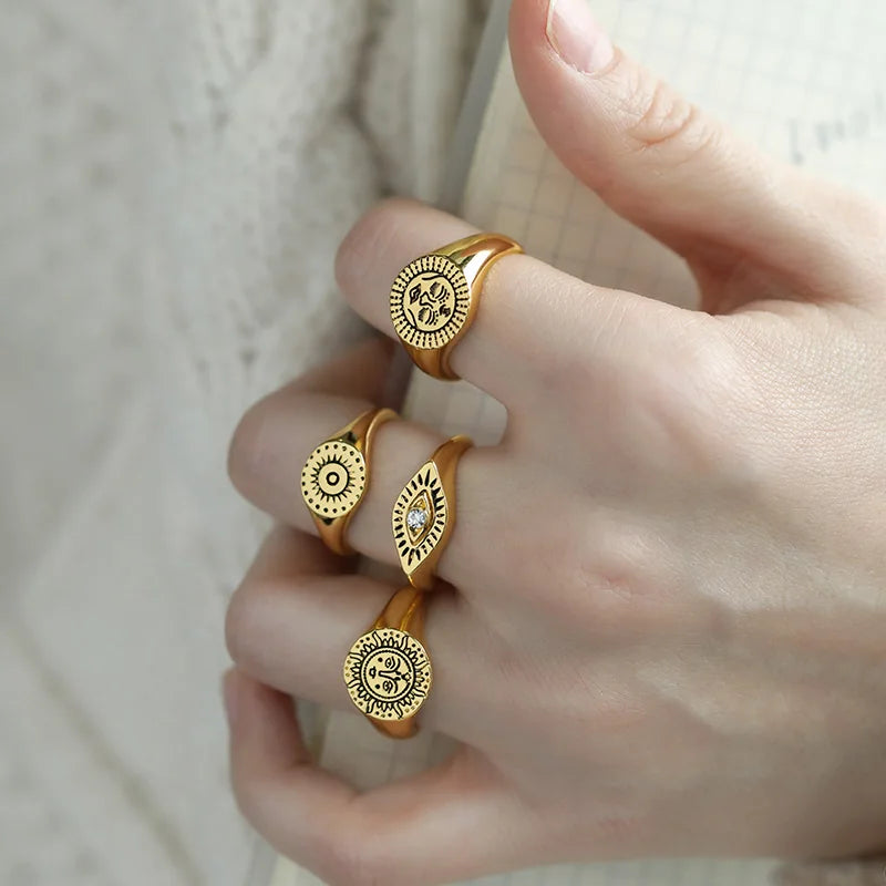 Aesthetic Vintage Sun Face Ring Stainless Steel – Punk / Gothic Couple Ring