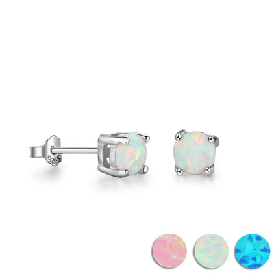 Classic Opal Earrings 925 Sterling Silver round stud close-up showing iridescent white opal in polished silver setting.