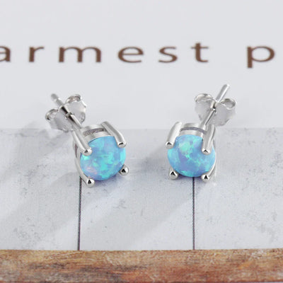 Classic Opal Earrings 925 Sterling Silver small 4 mm simulated opal studs displayed on white background. 