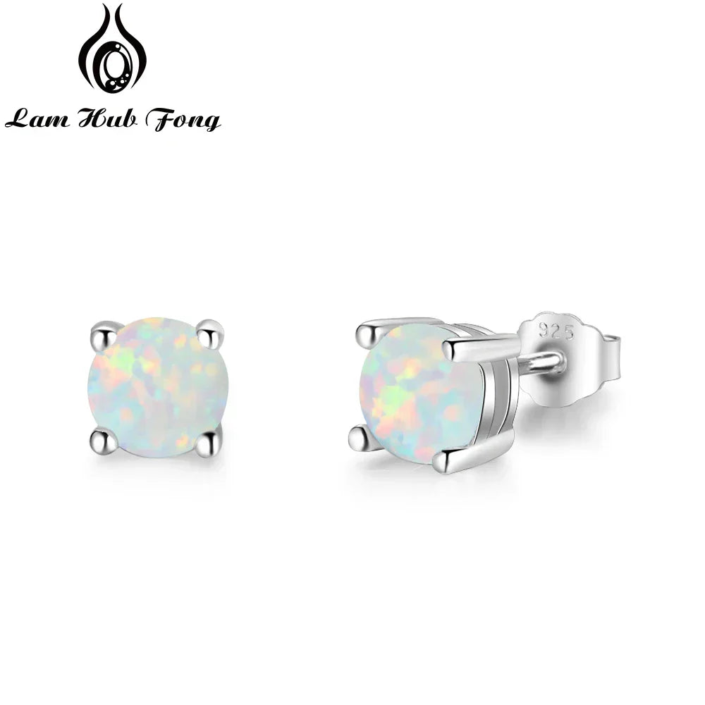 Classic Opal Earrings 925 Sterling Silver iridescent opal studs reflecting pastel hues on white display.