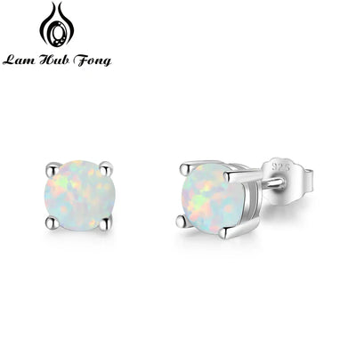 Classic Opal Earrings 925 Sterling Silver iridescent opal studs reflecting pastel hues on white display.