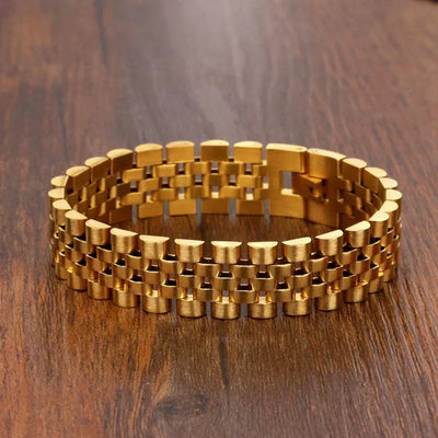 Gold-Tone Stainless Steel Men’s Chain Link Bracelet flat-lay on wood to emphasize vintage vibe.