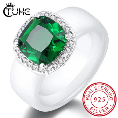 S925 sterling silver ring with green zircon stone and tension setting, ideal for weddings.