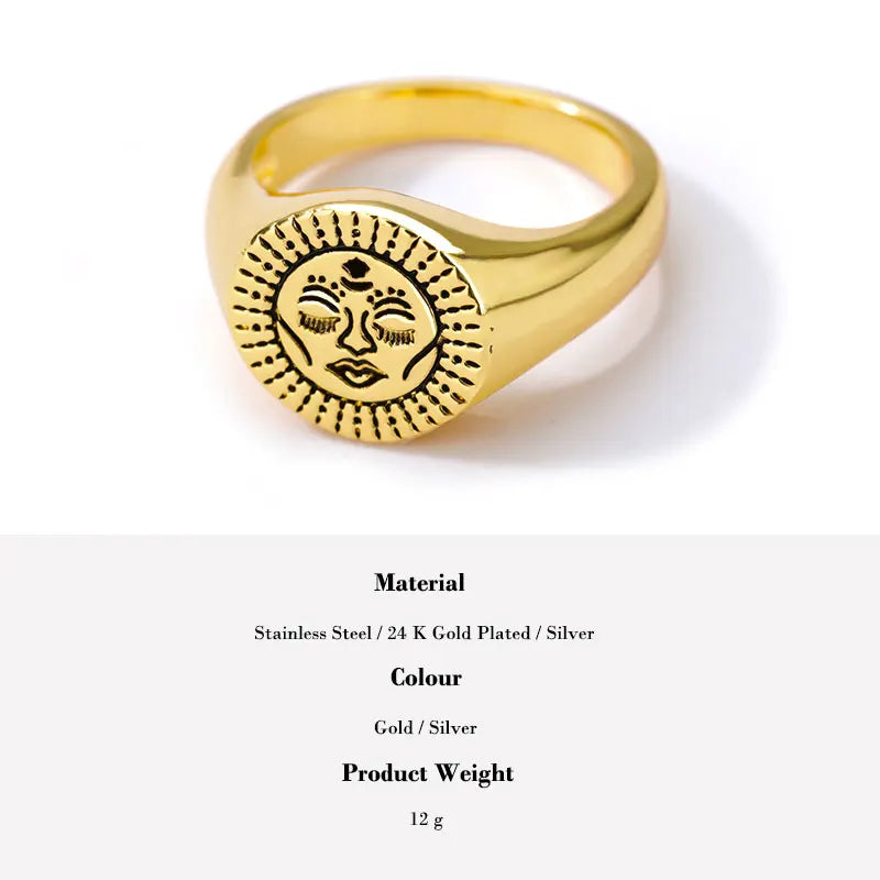 Aesthetic Vintage Sun Face Ring Stainless Steel – Punk / Gothic Couple Ring