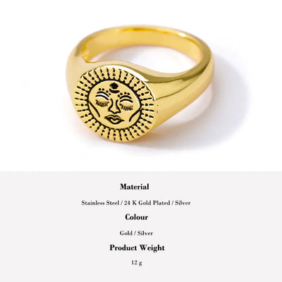 Aesthetic Vintage Sun Face Ring Stainless Steel – Punk / Gothic Couple Ring