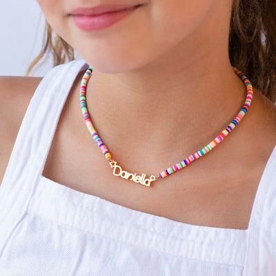 Custom stainless steel name necklace with rainbow beads, personalized choker for women and girls, perfect for Christmas gifts.