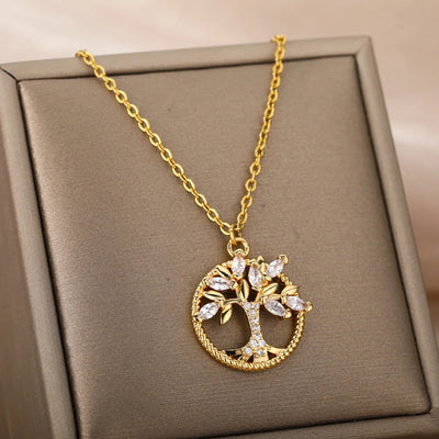 Collar de acero inoxidable para mujer, colgante redondo de árbol de la vida, collar con cristales y diamantes de imitación, joyería, regalo, bisutería femenina