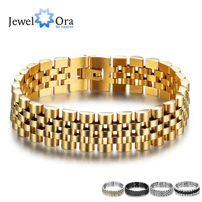 Luxury gold-tone stainless steel men's chain link bracelet with interlocking links and lobster clasp.