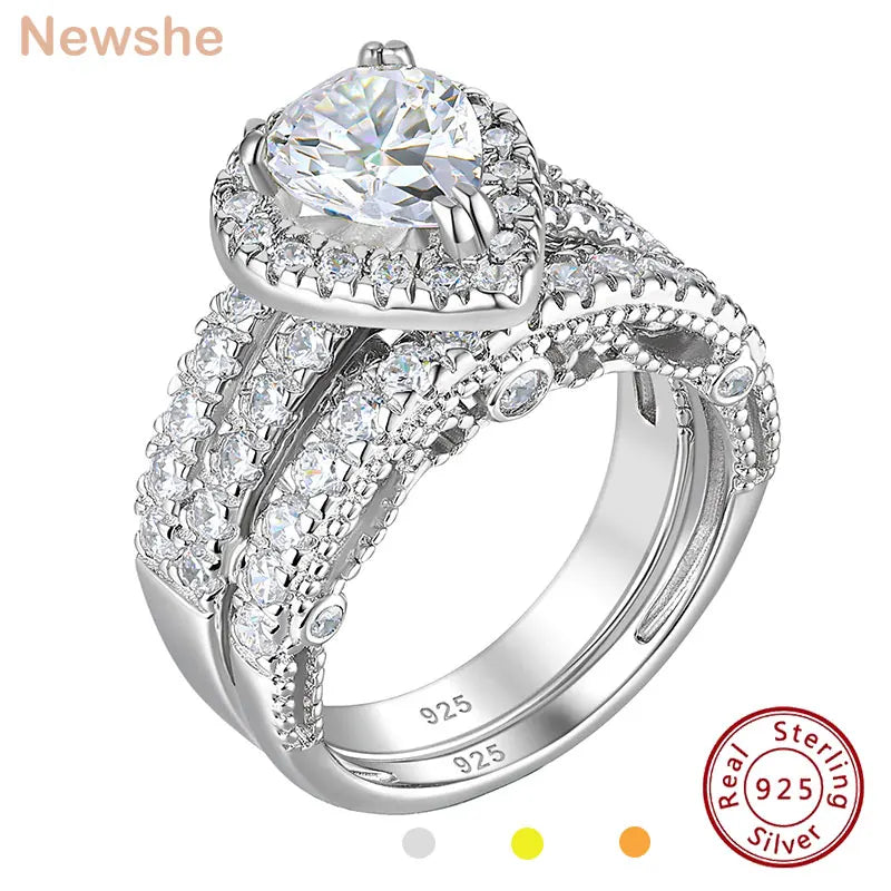 Newshe 925 Sterling Silver Wedding Engagement Rings Set with Pear Cut CZ Stone for Women.