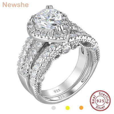 Newshe 925 Sterling Silver Wedding Engagement Rings Set with Pear Cut CZ Stone for Women.