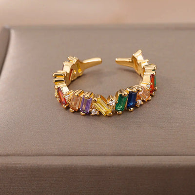 Zircon Crystal Stone Rainbow Rings For Women Stainless Steel Gold Color Wedding Couple Ring Christmas Jewelry Gift Bijoux Femme