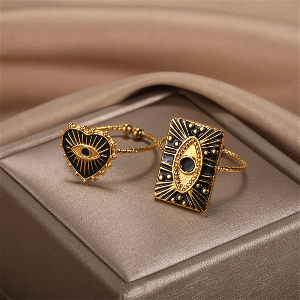GATTVICT Fashion Turkey Evil Eye Heart Open Rings For Women Ring Turkish Eye Joints Gold Color Rings Men Stainless Steel Jewelry
