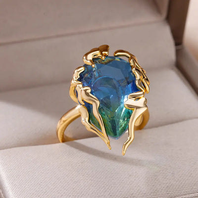 Zircon Flame Drop Rings For Women Gold Color Stainless Steel Water Drop Adjustable Ring Femme Wedding Party Jewelry Gift Femme