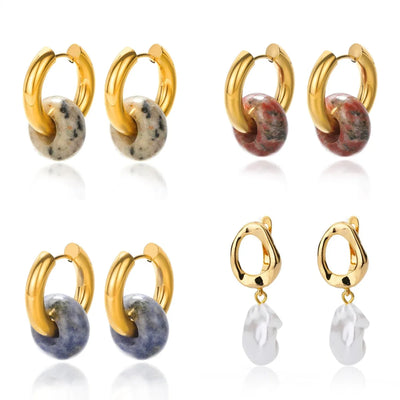 Natural Stone Drop Earrings Stainless Steel Gold Color Opal close-up showing on white backround