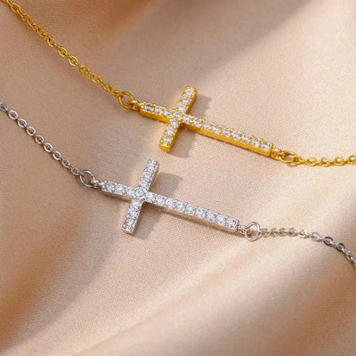 Unisex Gold Stainless Steel Crystal Cross Bracelet