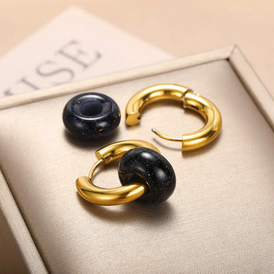 Natural Stone Drop Earrings Stainless Steel Gold Color Opal close-up of hypoallergenic stainless steel hook.