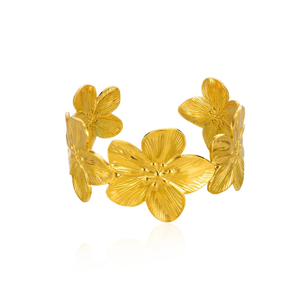 Flower Chunky Opening Bangles For Women Waterproof Stainless Steel Flowers Wide Bracelet