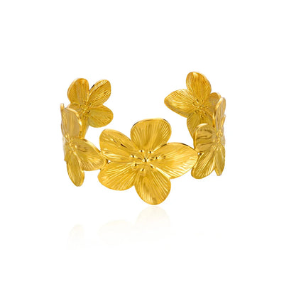 Flower Chunky Opening Bangles For Women Waterproof Stainless Steel Flowers Wide Bracelet