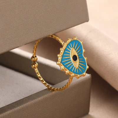 GATTVICT Fashion Turkey Evil Eye Heart Open Rings For Women Ring Turkish Eye Joints Gold Color Rings Men Stainless Steel Jewelry