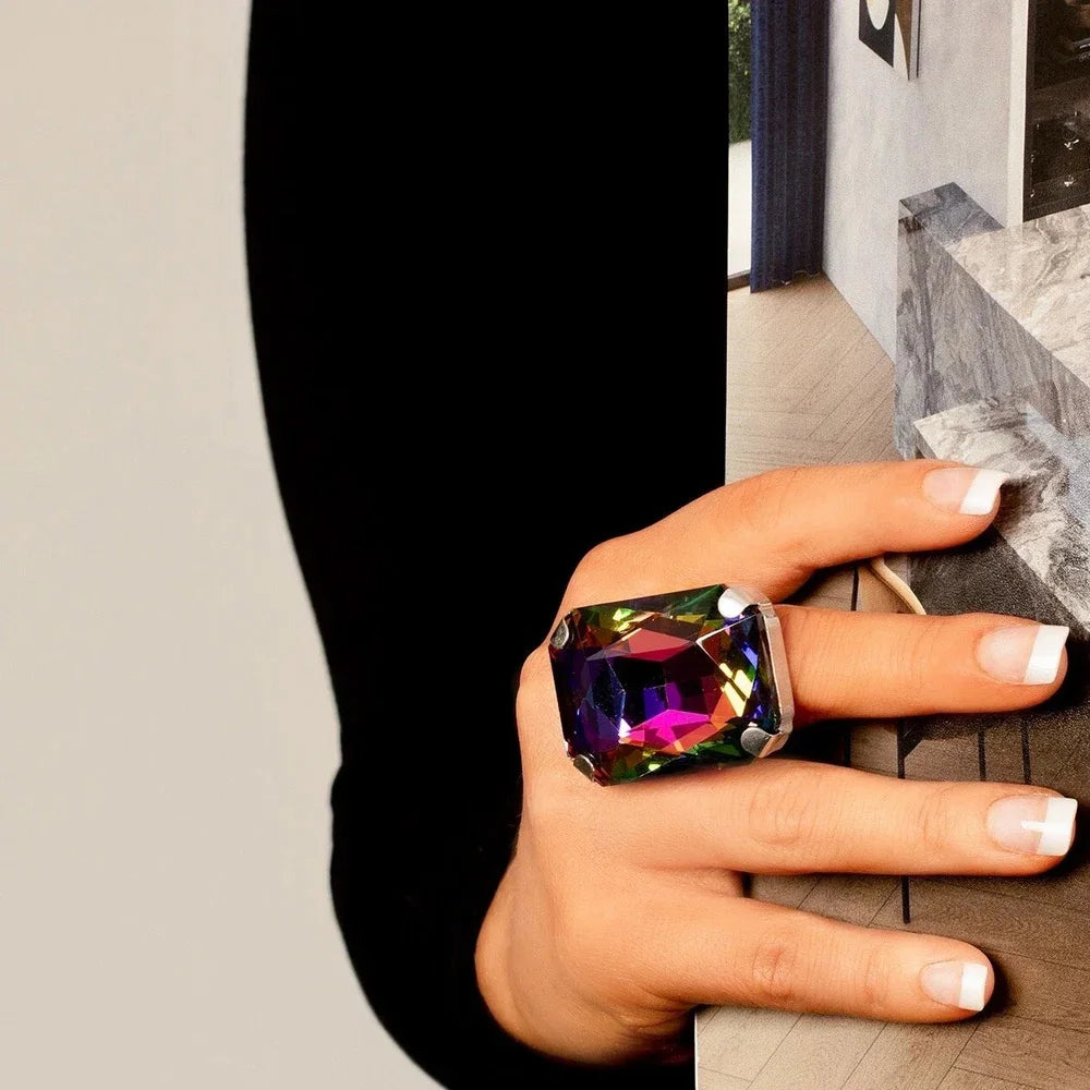 Stone Fans Gorgeous Rectangle Crystal Large Rings Statement Colorful Champagne Jewelry Adjustable Exaggerated Ring for Women