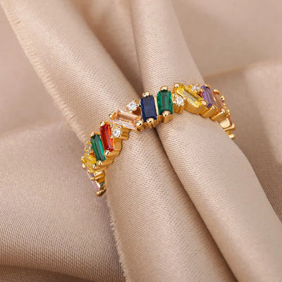 Zircon Crystal Stone Rainbow Rings For Women Stainless Steel Gold Color Wedding Couple Ring Christmas Jewelry Gift Bijoux Femme