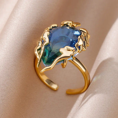 Zircon Flame Drop Rings For Women Gold Color Stainless Steel Water Drop Adjustable Ring Femme Wedding Party Jewelry Gift Femme