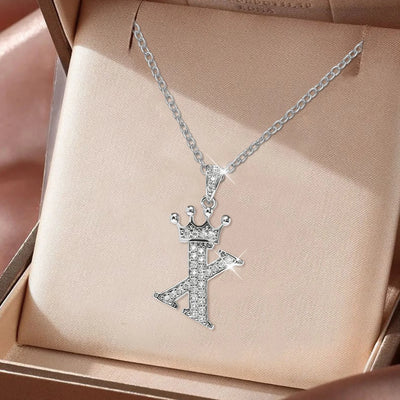 Luxury Stainless Steel Cubic Zirconia Name Crown Letter Pendant Necklace For Women Hip Hop Punk Girl Alphabet Fashion Jewelry