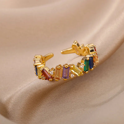 Zircon crystal stone rainbow ring in gold stainless steel for women, trendy geometric wedding band.