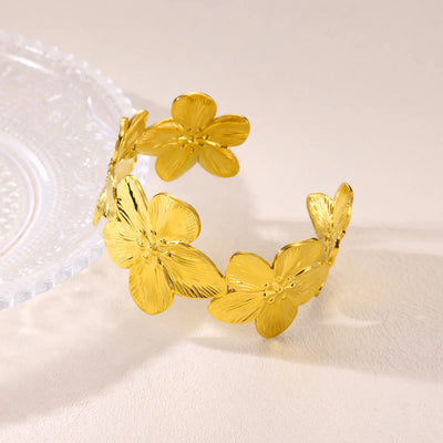 Flower Chunky Opening Bangles For Women Waterproof Stainless Steel Flowers Wide Bracelet