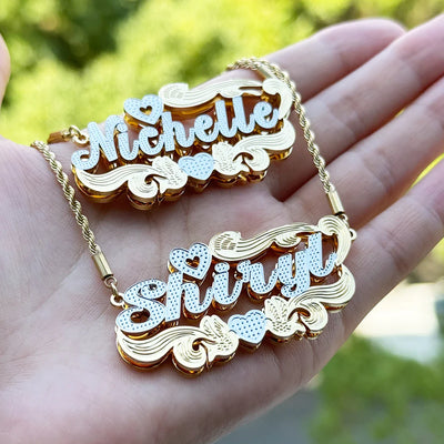Custom Name Necklace 3D Stainless Steel highlighting 3D depth of personalized lettering on pendant. 