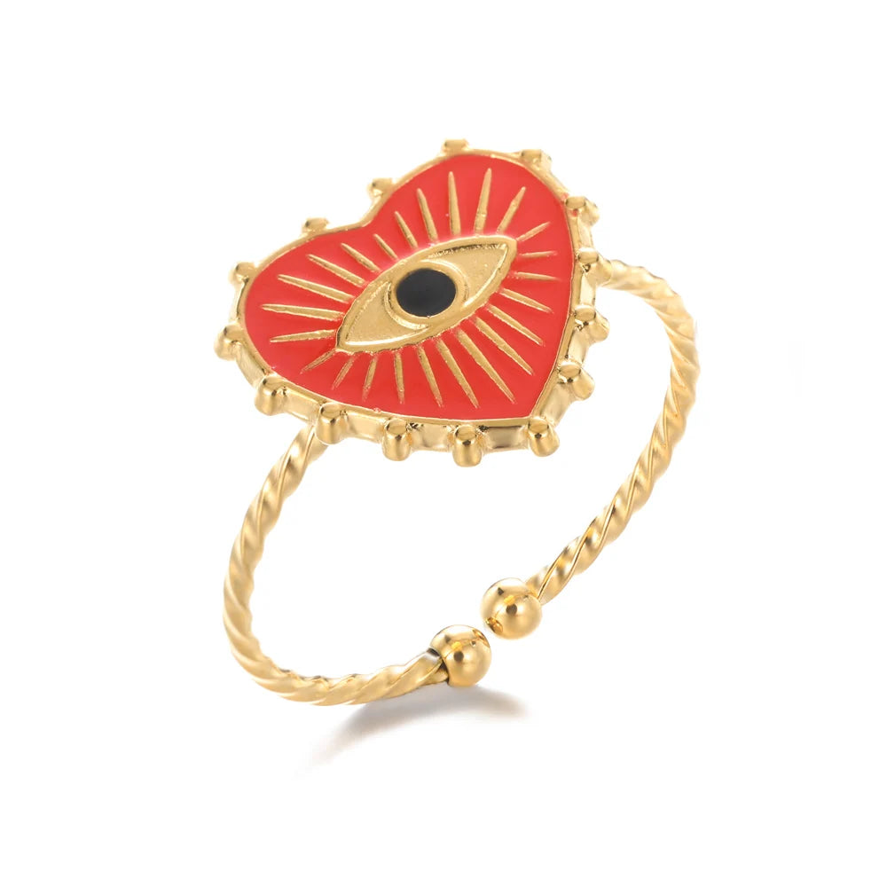 GATTVICT Fashion Turkey Evil Eye Heart Open Rings For Women Ring Turkish Eye Joints Gold Color Rings Men Stainless Steel Jewelry