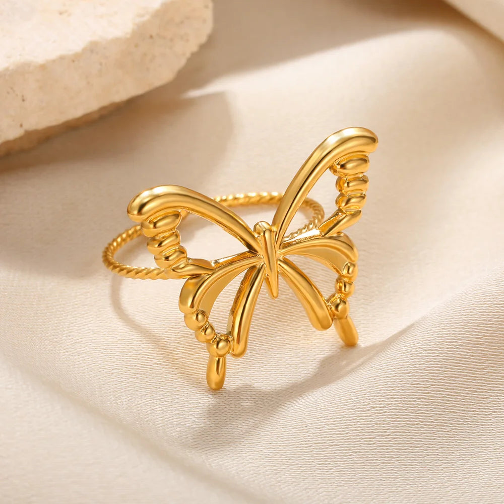 Fashion Butterfly Ring For Women Gold Color Stainless Steel Adjustable Finger Ring Y2k Jewelry Wedding Party Gift
