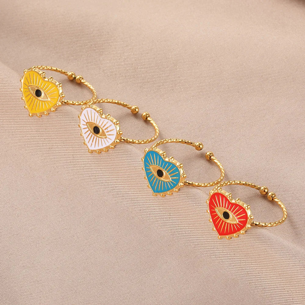GATTVICT Fashion Turkey Evil Eye Heart Open Rings For Women Ring Turkish Eye Joints Gold Color Rings Men Stainless Steel Jewelry