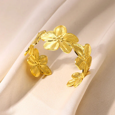 Flower Chunky Opening Bangles For Women Waterproof Stainless Steel Flowers Wide Bracelet