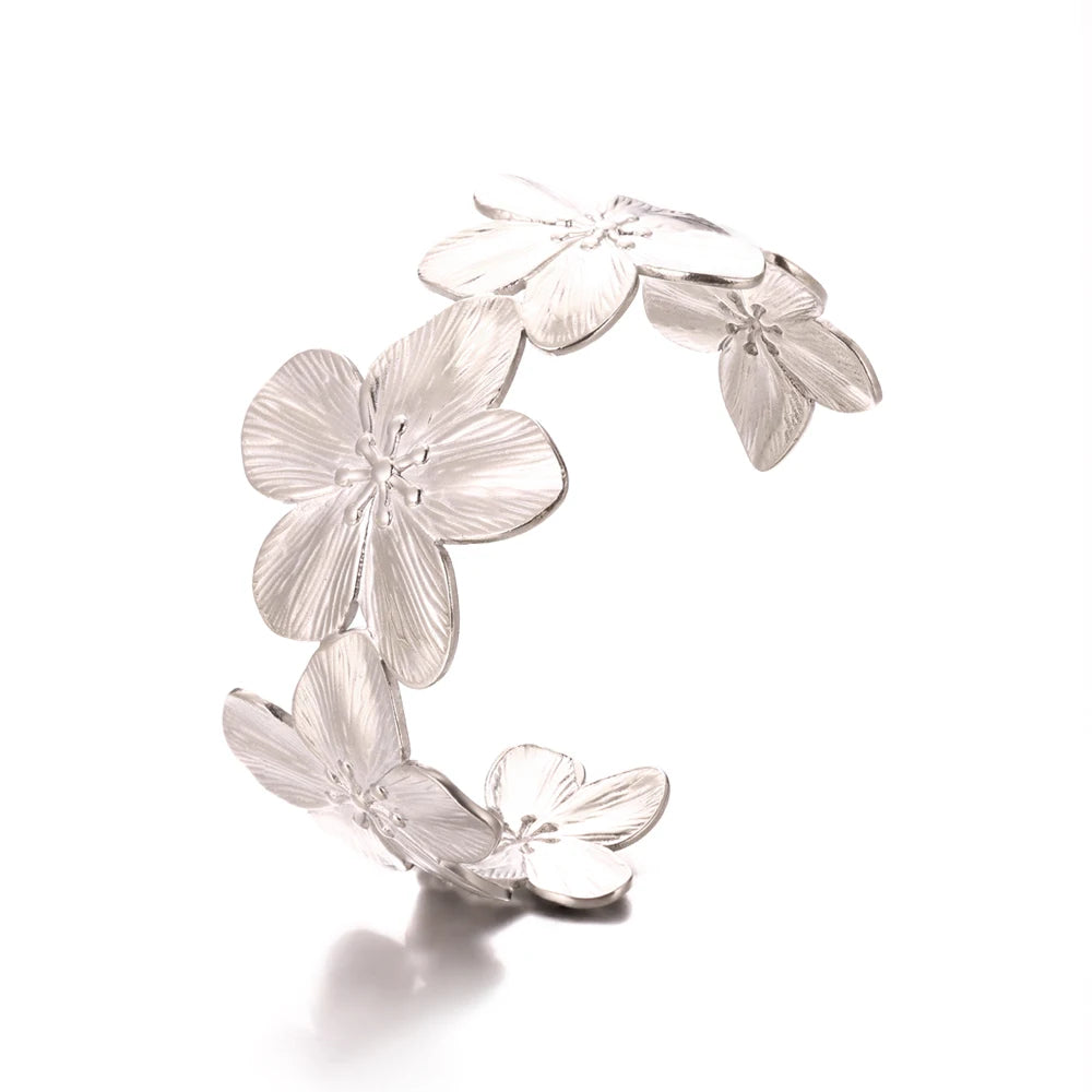 Flower Chunky Opening Bangles For Women Waterproof Stainless Steel Flowers Wide Bracelet