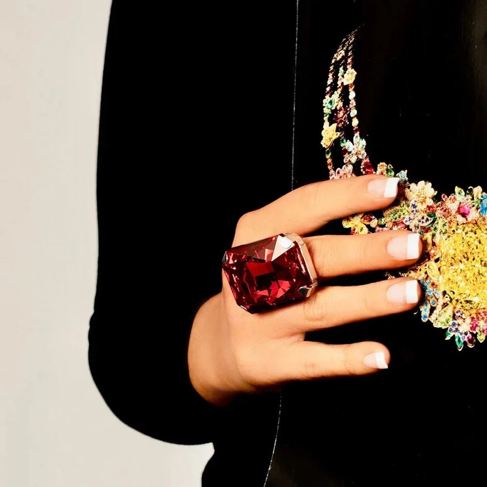 Stone Fans Gorgeous Rectangle Crystal Large Rings Statement Colorful Champagne Jewelry Adjustable Exaggerated Ring for Women