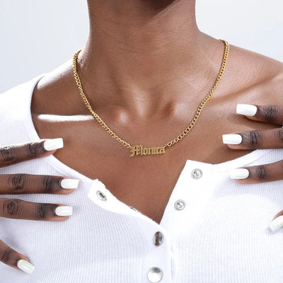 Collar personalizado con nombre en inglés antiguo, cadena cubana de acero inoxidable, colgante personalizado hecho a mano, joyería de moda para fiestas, regalos