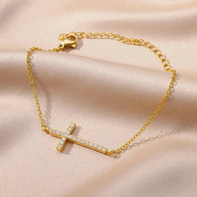 Unisex Gold Stainless Steel Crystal Cross Bracelet