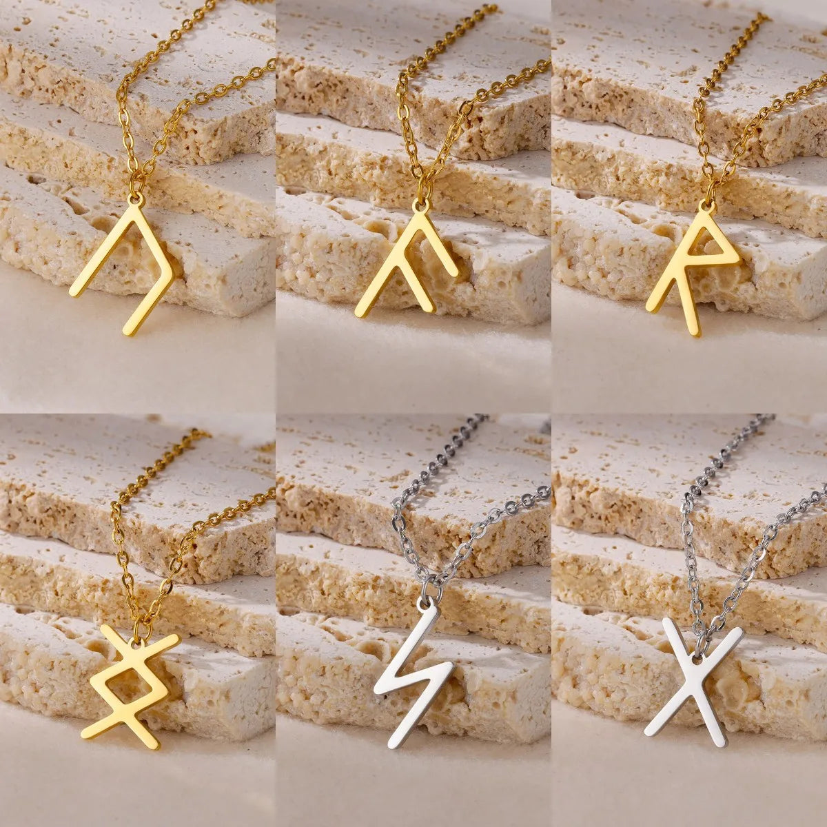 Stainless steel necklace with Norse Viking rune amulet pendants in gold and silver, suitable for women.