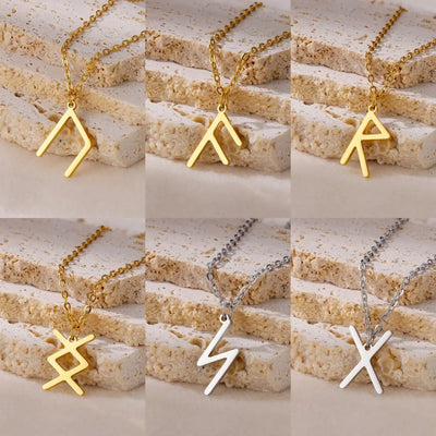 Stainless steel necklace with Norse Viking rune amulet pendants in gold and silver, suitable for women.