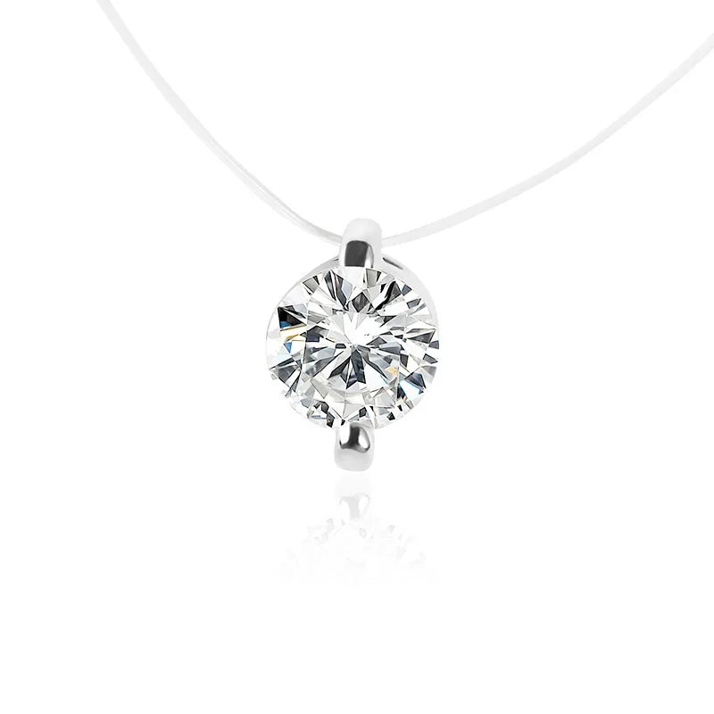 Fishing Line Necklace Invisible Choker Rhinestone Zircon on white background highlighting pendant detail. 