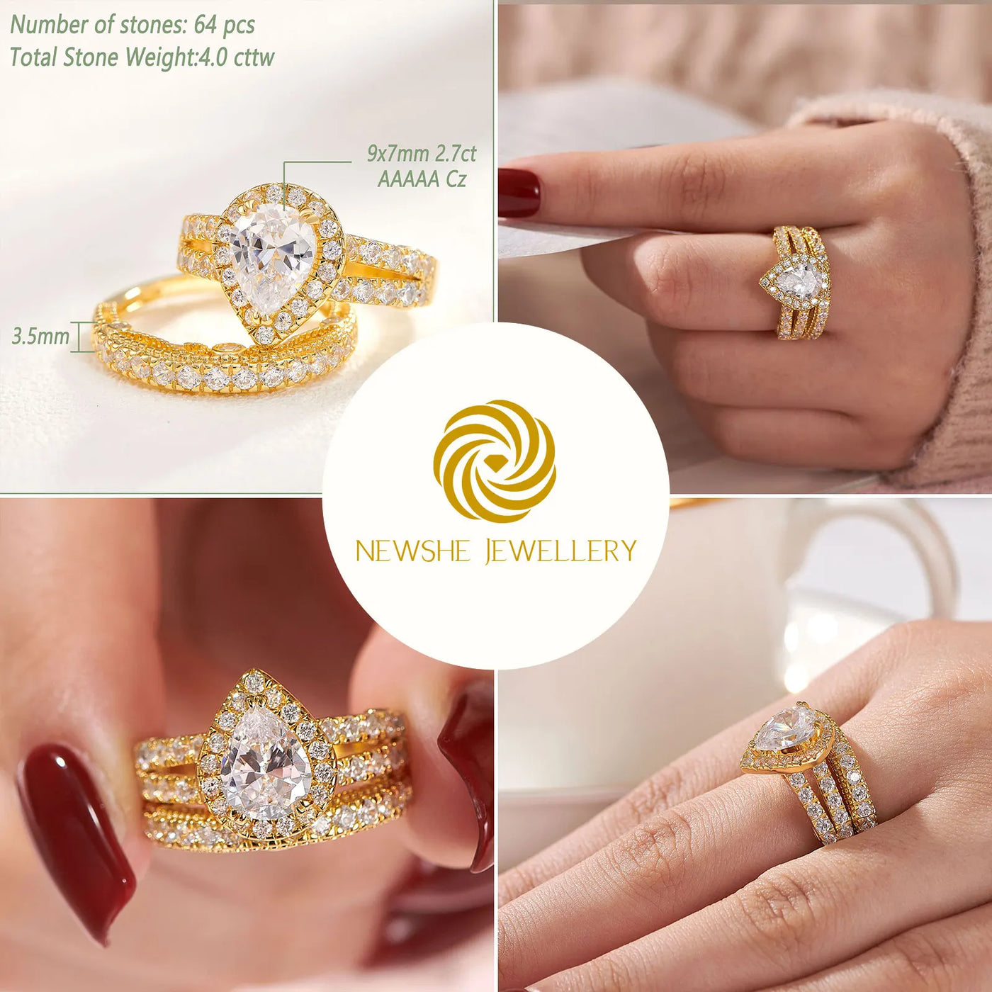 Newshe 925 Sterling Silver Engagement Rings Set displayed