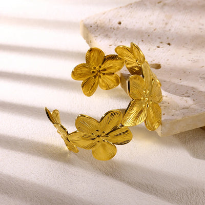 Flower Chunky Opening Bangles For Women Waterproof Stainless Steel Flowers Wide Bracelet