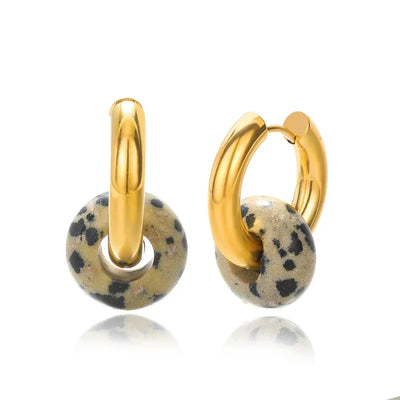 Natural Stone Drop Earrings Stainless Steel Gold Color Opal on white background highlighting gold-tone stainless steel hooks.