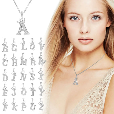 Luxury stainless steel cubic zirconia initial crown pendant necklace for women, featuring alphabet letters A-Z.