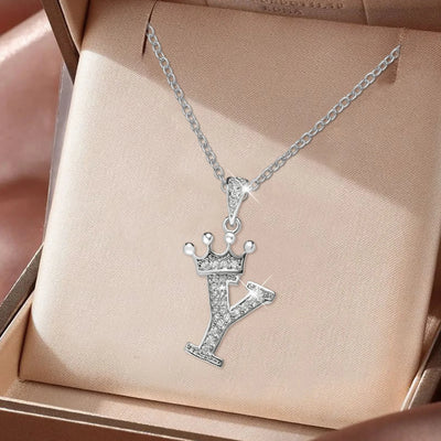 Luxury Stainless Steel Cubic Zirconia Name Crown Letter Pendant Necklace For Women Hip Hop Punk Girl Alphabet Fashion Jewelry