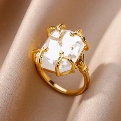 Gold-Tone Stainless Steel Ring Simulated Gemstone close-up of polished gold band and faceted simulated stone.