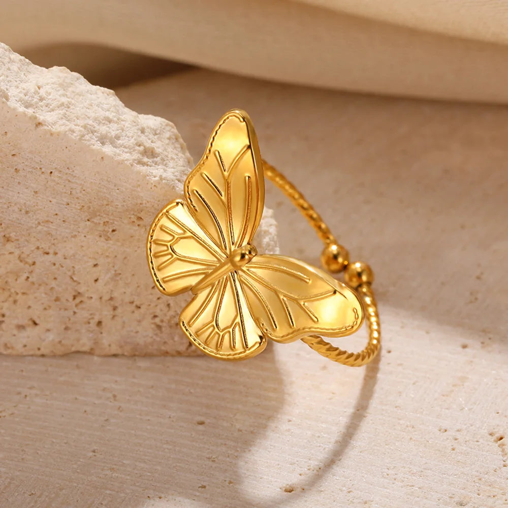 Fashion Butterfly Ring For Women Gold Color Stainless Steel Adjustable Finger Ring Y2k Jewelry Wedding Party Gift
